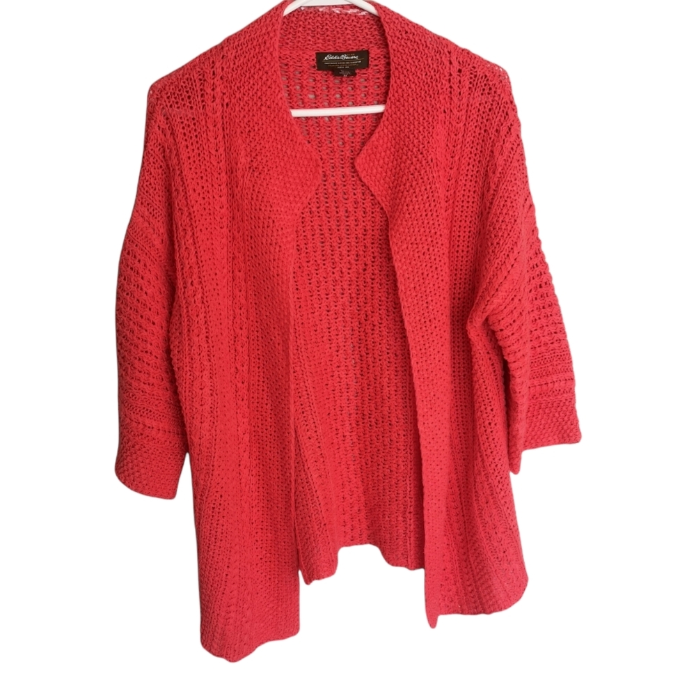 100% Linen Eddie Bauer Open Front Knit Cardigan Bright Coral 3/4 sleeve Size M